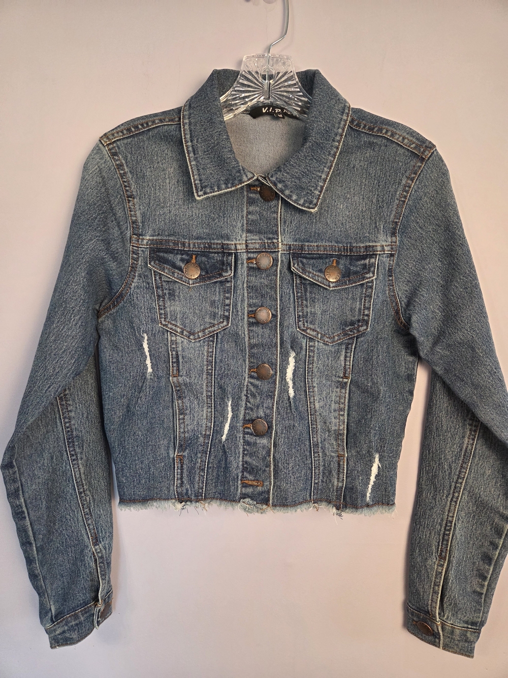 VIP Cropped Trucker Jacket Medium Y2K Distressed Denim Grunge Festival Raw Hem